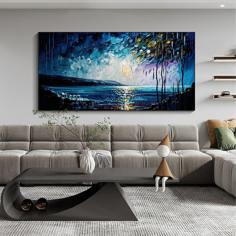 Abstract Original Night Seascape Oil Painting On Canvas, Large Wall Art Blue Ocean Landscape Painting Custom Painting Living Room Wall Decor - Oil Painting Haven Oil Painting Haven