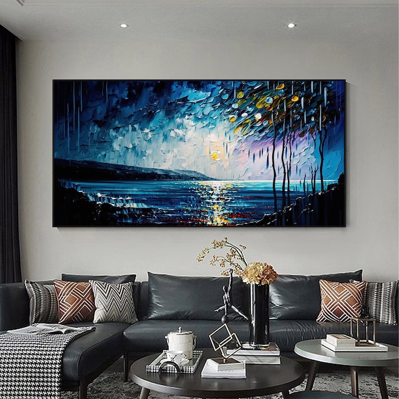 Abstract Original Night Seascape Oil Painting On Canvas, Large Wall Art Blue Ocean Landscape Painting Custom Painting Living Room Wall Decor - Oil Painting Haven Oil Painting Haven