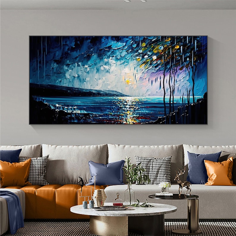 Abstract Original Night Seascape Oil Painting On Canvas, Large Wall Art Blue Ocean Landscape Painting Custom Painting Living Room Wall Decor - Oil Painting Haven Oil Painting Haven