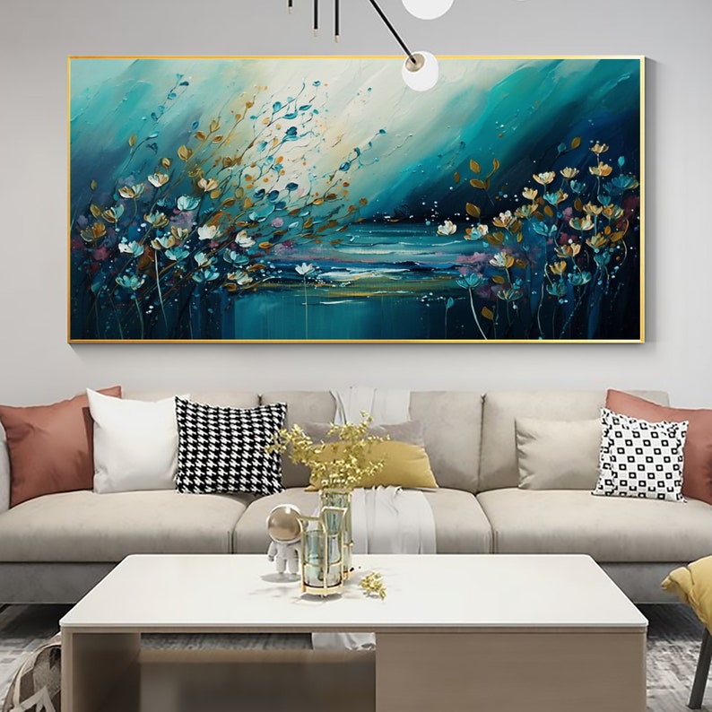 Original Ocean Landscape Oil Painting On Canvas, Large Wall Art, Abstract Blue Flower Painting, Custom Seascape Painting, Living Room Decor - Oil Painting Haven Oil Painting Haven