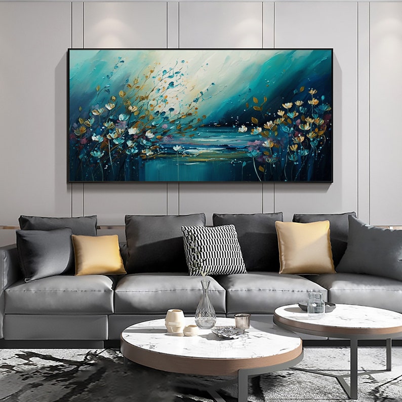 Original Ocean Landscape Oil Painting On Canvas, Large Wall Art, Abstract Blue Flower Painting, Custom Seascape Painting, Living Room Decor - Oil Painting Haven Oil Painting Haven