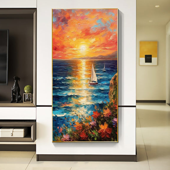 Original Nautical Oil Painting On Canvas, Large Wall Art, Abstract Ocean Sunset Landscape Painting, Custom Painting, Living Room Wall Decor - Oil Painting Haven Oil Painting Haven