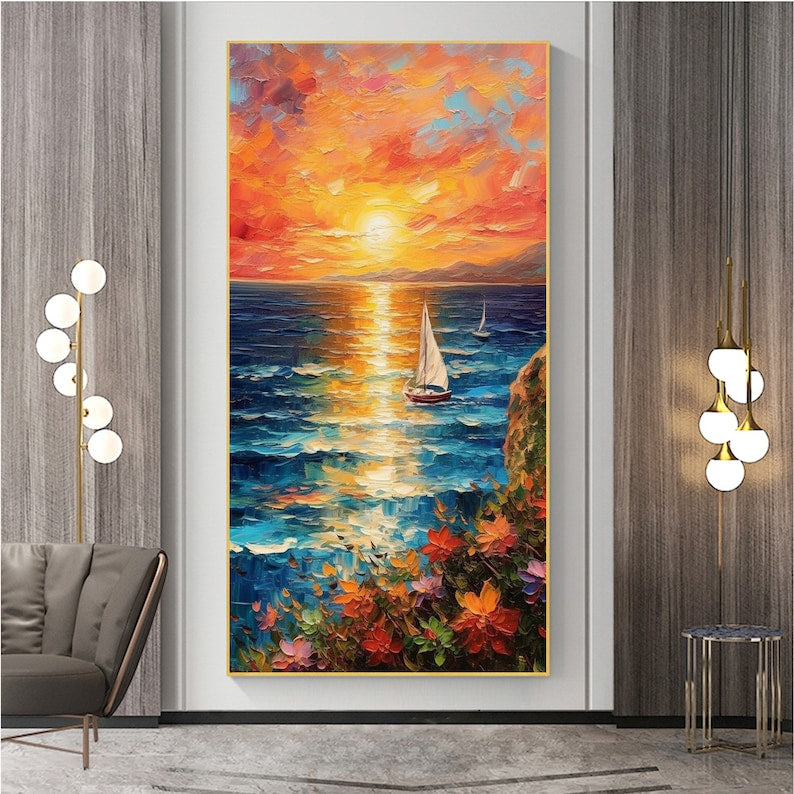 Original Nautical Oil Painting On Canvas, Large Wall Art, Abstract Ocean Sunset Landscape Painting, Custom Painting, Living Room Wall Decor - Oil Painting Haven Oil Painting Haven