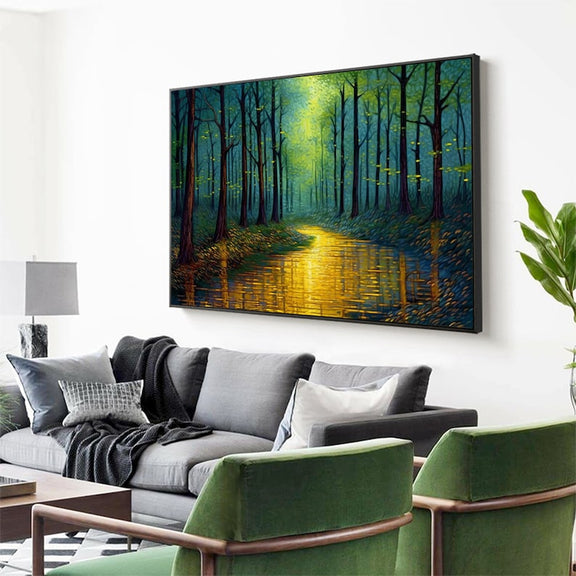 Abstract Forest Oil Painting On Canvas, Large Wall Art,Original Green Tree Painting River Landscape Art,Custom Painting,Living Room Decor - Oil Painting Haven Oil Painting Haven