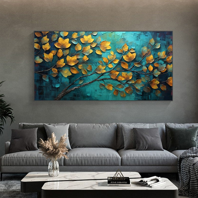 Abstract Tree Leaves Oil Painting On Canvas,Large Wall Art,Original Golden Leaf Landscape Painting,Custom Painting,Living Room Decor Gift - Oil Painting Haven Oil Painting Haven