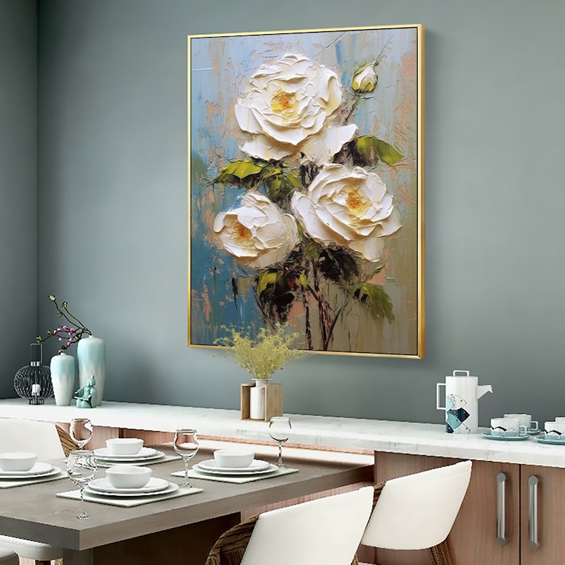 Abstract White Flower Oil Painting on Canvas, Large Wall Art, Original Floral Painting,Minimalist Art,Custom Painting,Living Room Decor Gift - Oil Painting Haven Oil Painting Haven