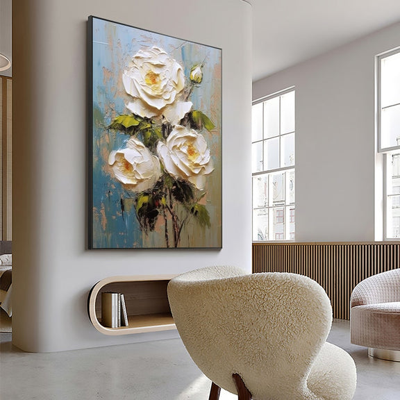 Abstract White Flower Oil Painting on Canvas, Large Wall Art, Original Floral Painting,Minimalist Art,Custom Painting,Living Room Decor Gift - Oil Painting Haven Oil Painting Haven