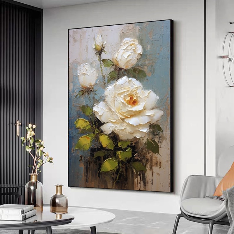 Original White Flower Oil Painting on Canvas,Large Wall Art,Abstract Floral Painting,Minimalist Art,Custom Painting,Living Room Decor Gift - Oil Painting Haven Oil Painting Haven