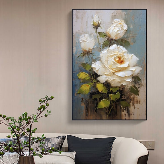 Original White Flower Oil Painting on Canvas,Large Wall Art,Abstract Floral Painting,Minimalist Art,Custom Painting,Living Room Decor Gift - Oil Painting Haven Oil Painting Haven