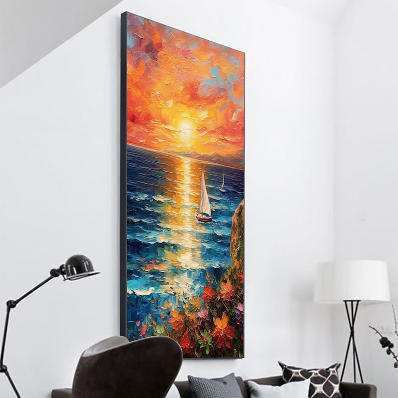 Original Nautical Oil Painting On Canvas, Large Wall Art, Abstract Ocean Sunset Landscape Painting, Custom Painting, Living Room Wall Decor - Oil Painting Haven Oil Painting Haven