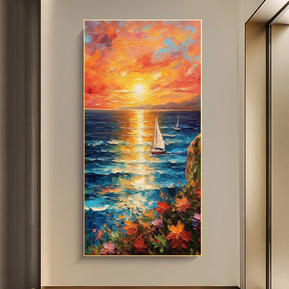 Original Nautical Oil Painting On Canvas, Large Wall Art, Abstract Ocean Sunset Landscape Painting, Custom Painting, Living Room Wall Decor - Oil Painting Haven Oil Painting Haven