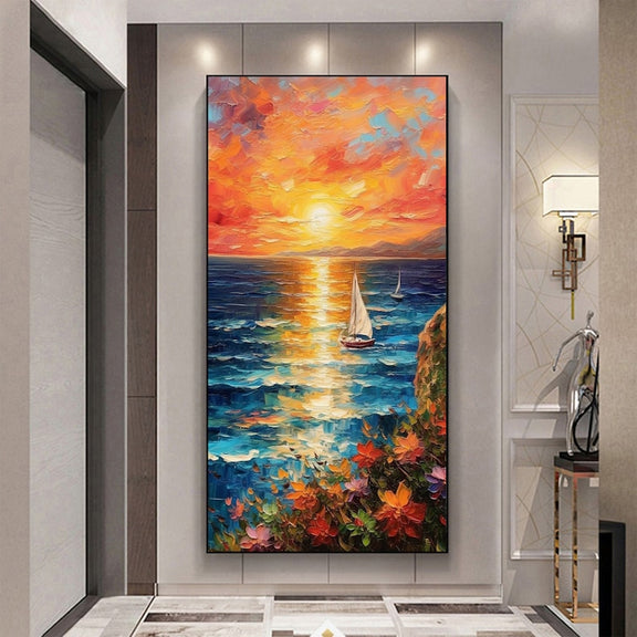 Original Nautical Oil Painting On Canvas, Large Wall Art, Abstract Ocean Sunset Landscape Painting, Custom Painting, Living Room Wall Decor - Oil Painting Haven Oil Painting Haven