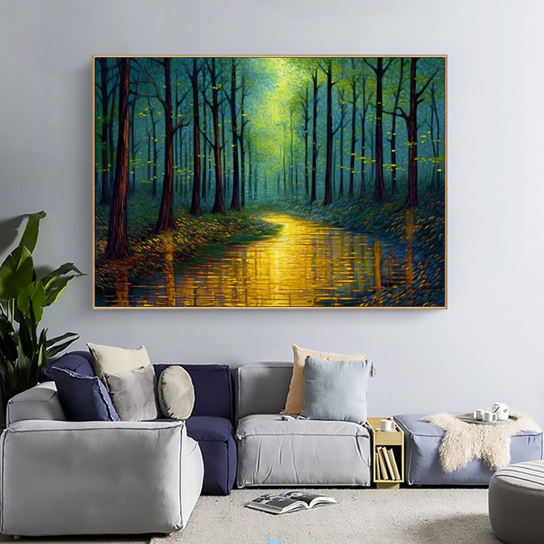 Abstract Forest Oil Painting On Canvas, Large Wall Art,Original Green Tree Painting River Landscape Art,Custom Painting,Living Room Decor - Oil Painting Haven Oil Painting Haven