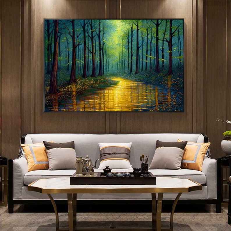 Abstract Forest Oil Painting On Canvas, Large Wall Art,Original Green Tree Painting River Landscape Art,Custom Painting,Living Room Decor - Oil Painting Haven Oil Painting Haven