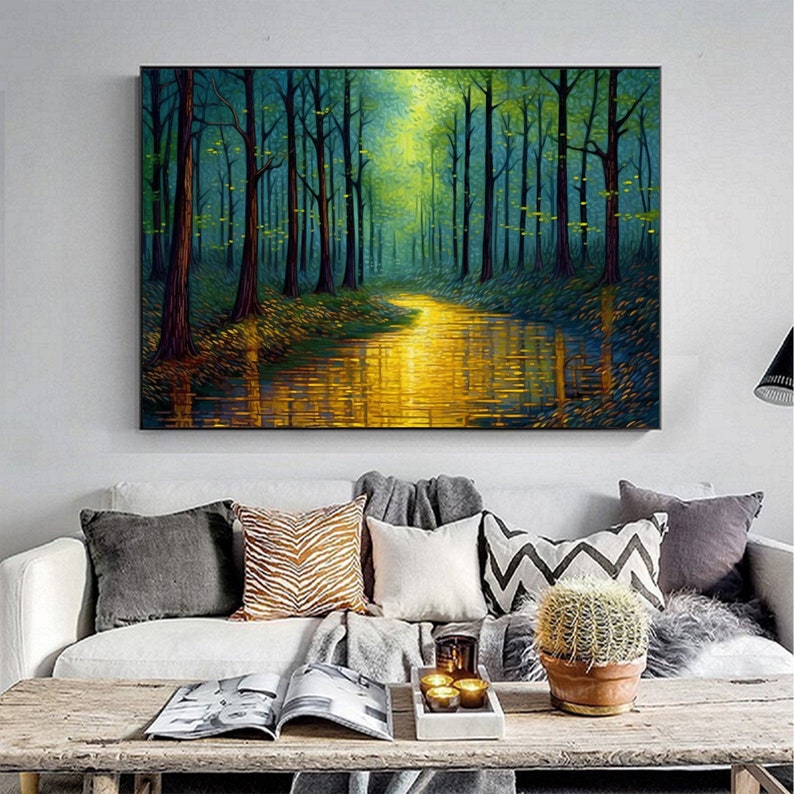 Abstract Forest Oil Painting On Canvas, Large Wall Art,Original Green Tree Painting River Landscape Art,Custom Painting,Living Room Decor - Oil Painting Haven Oil Painting Haven