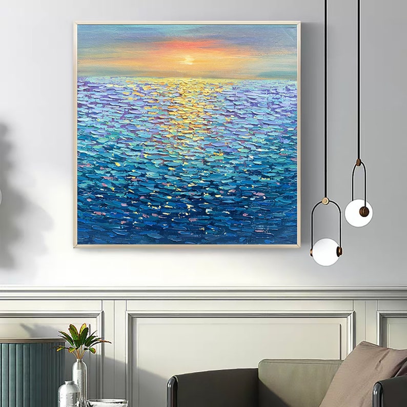 Large Ocean Landscape Oil Painting on Canvas, Original Abstract Sunset Seascape Art, Custom Minimalist Blue Wall Art Living Room Decor Gift - Oil Painting Haven Oil Painting Haven