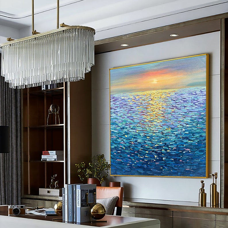 Large Ocean Landscape Oil Painting on Canvas, Original Abstract Sunset Seascape Art, Custom Minimalist Blue Wall Art Living Room Decor Gift - Oil Painting Haven Oil Painting Haven