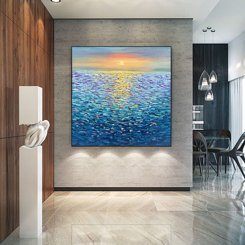 Large Ocean Landscape Oil Painting on Canvas, Original Abstract Sunset Seascape Art, Custom Minimalist Blue Wall Art Living Room Decor Gift - Oil Painting Haven Oil Painting Haven