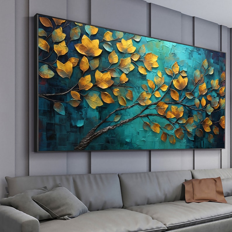 Abstract Tree Leaves Oil Painting On Canvas,Large Wall Art,Original Golden Leaf Landscape Painting,Custom Painting,Living Room Decor Gift - Oil Painting Haven Oil Painting Haven