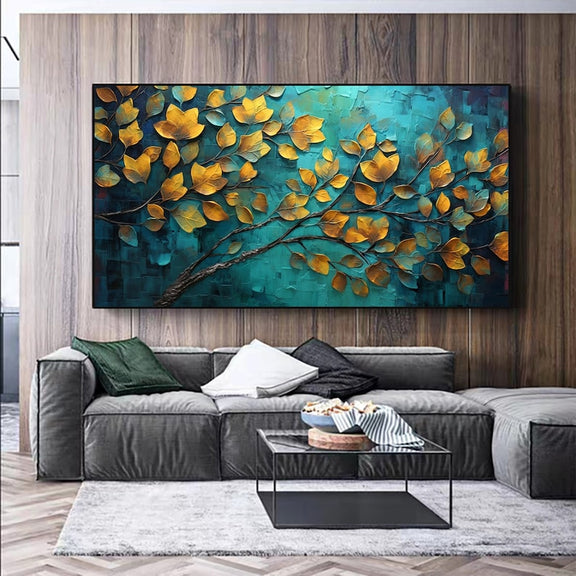 Abstract Tree Leaves Oil Painting On Canvas,Large Wall Art,Original Golden Leaf Landscape Painting,Custom Painting,Living Room Decor Gift - Oil Painting Haven Oil Painting Haven