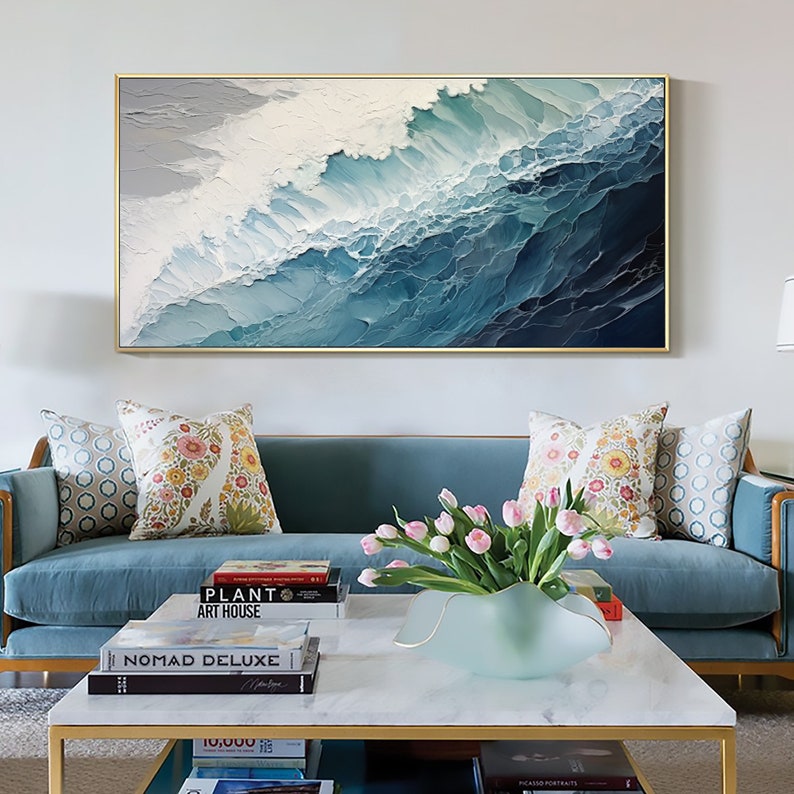 Original Ocean Wave Oil Painting On Canvas, Large Wall Art, Abstract Minimalist Painting, Custom Blue Sea Wall Art Living Room Decor Gift - Oil Painting Haven Oil Painting Haven