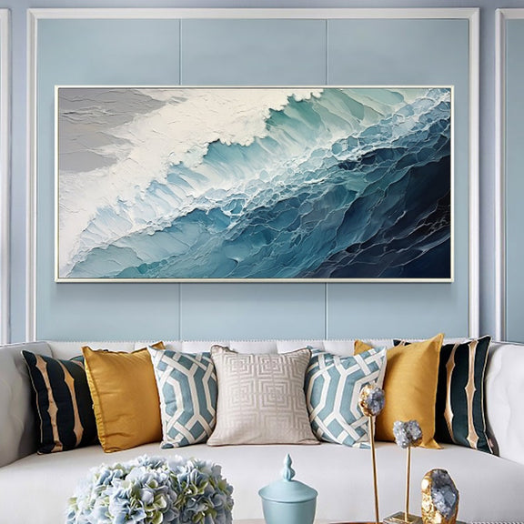 Original Ocean Wave Oil Painting On Canvas, Large Wall Art, Abstract Minimalist Painting, Custom Blue Sea Wall Art Living Room Decor Gift - Oil Painting Haven Oil Painting Haven