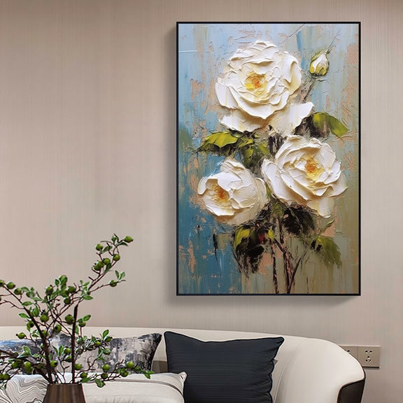 Abstract White Flower Oil Painting on Canvas, Large Wall Art, Original Floral Painting,Minimalist Art,Custom Painting,Living Room Decor Gift - Oil Painting Haven Oil Painting Haven