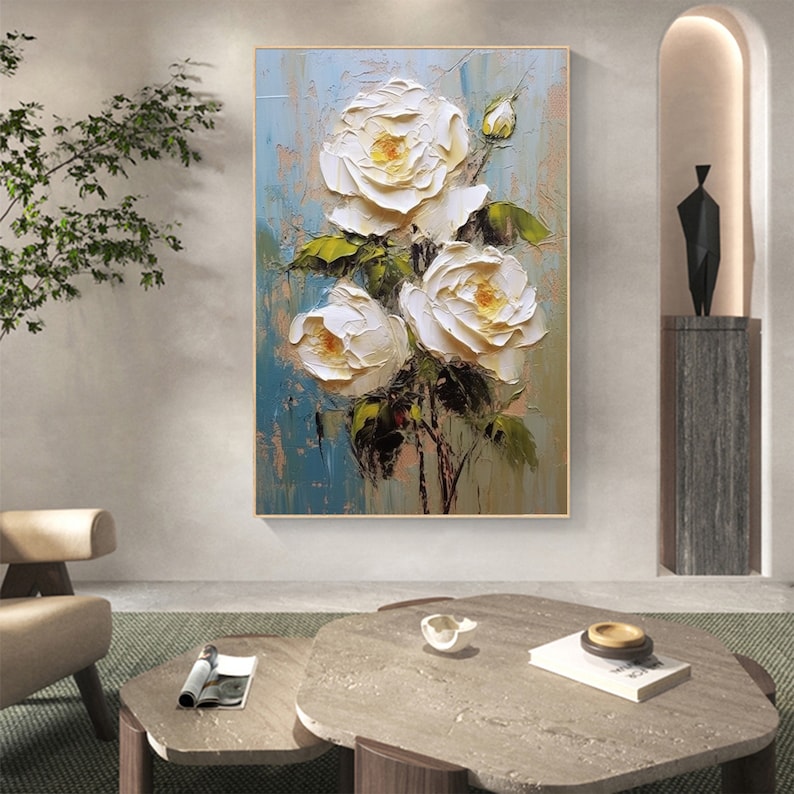 Abstract White Flower Oil Painting on Canvas, Large Wall Art, Original Floral Painting,Minimalist Art,Custom Painting,Living Room Decor Gift - Oil Painting Haven Oil Painting Haven