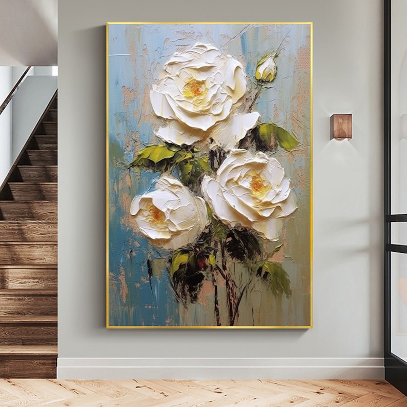 Abstract White Flower Oil Painting on Canvas, Large Wall Art, Original Floral Painting,Minimalist Art,Custom Painting,Living Room Decor Gift - Oil Painting Haven Oil Painting Haven