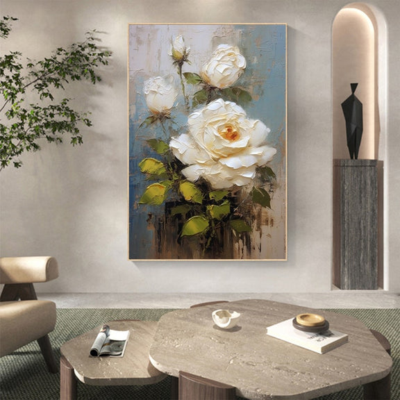 Original White Flower Oil Painting on Canvas,Large Wall Art,Abstract Floral Painting,Minimalist Art,Custom Painting,Living Room Decor Gift - Oil Painting Haven Oil Painting Haven