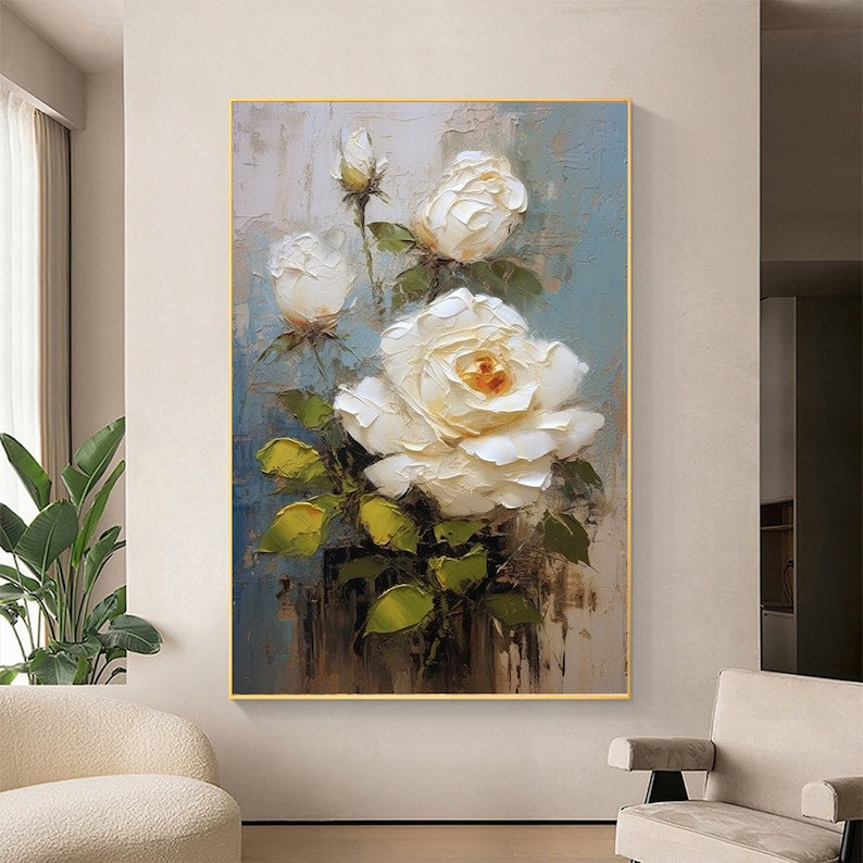 Original White Flower Oil Painting on Canvas,Large Wall Art,Abstract Floral Painting,Minimalist Art,Custom Painting,Living Room Decor Gift - Oil Painting Haven