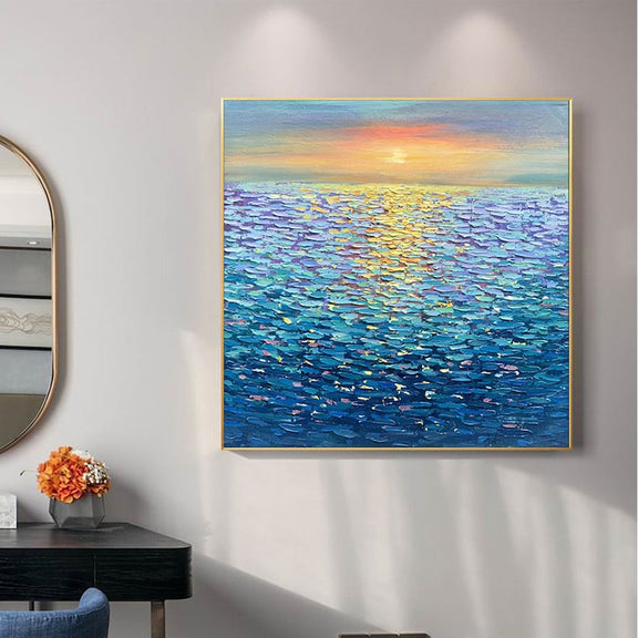 Large Ocean Landscape Oil Painting on Canvas, Original Abstract Sunset Seascape Art, Custom Minimalist Blue Wall Art Living Room Decor Gift - Oil Painting Haven Oil Painting Haven