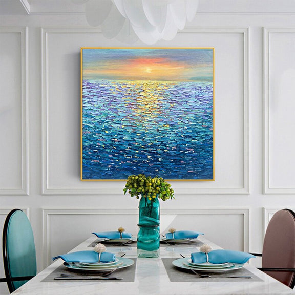 Large Ocean Landscape Oil Painting on Canvas, Original Abstract Sunset Seascape Art, Custom Minimalist Blue Wall Art Living Room Decor Gift - Oil Painting Haven Oil Painting Haven