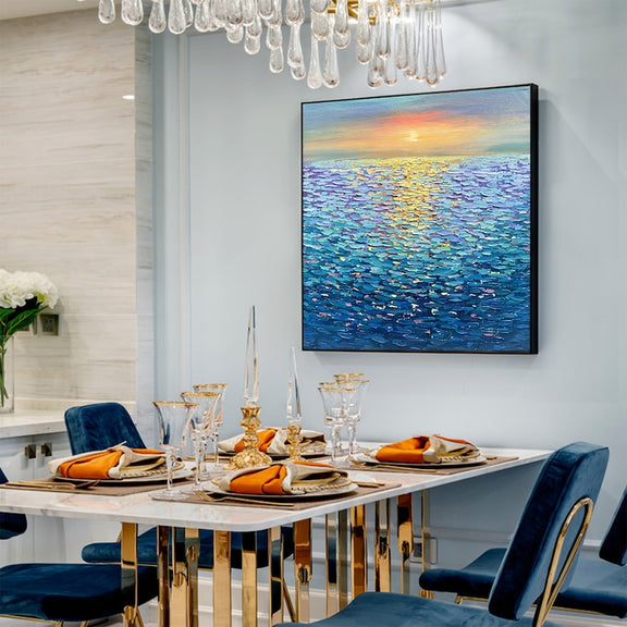 Large Ocean Landscape Oil Painting on Canvas, Original Abstract Sunset Seascape Art, Custom Minimalist Blue Wall Art Living Room Decor Gift - Oil Painting Haven Oil Painting Haven