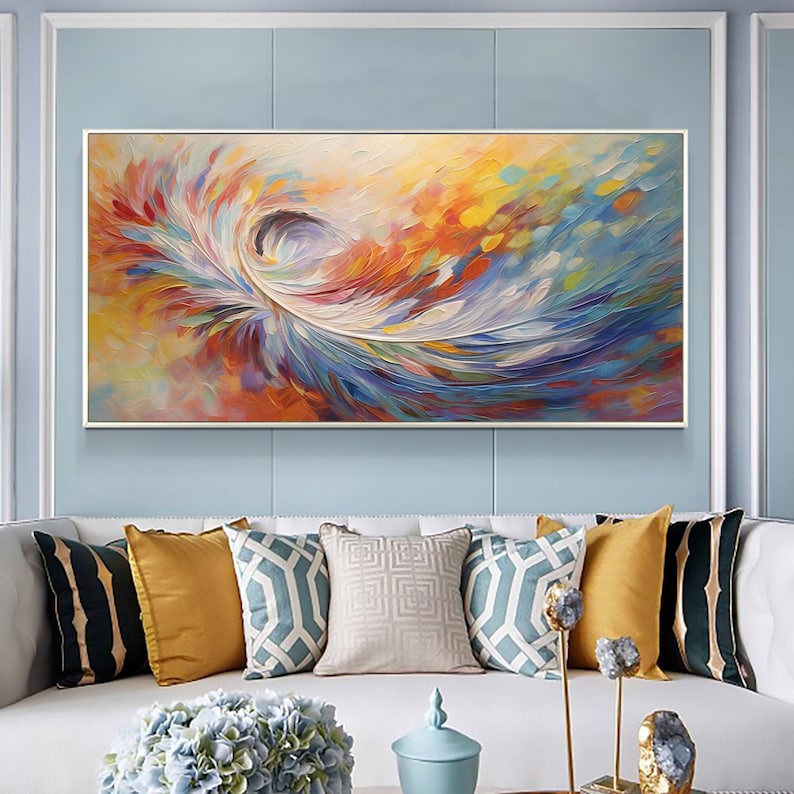 Large Wall Art Colorful Feather Oil Painting on Canvas, Abstract Original Textured Painting, Minimalist Art, Custom Living Room Decor Gift - Oil Painting Haven