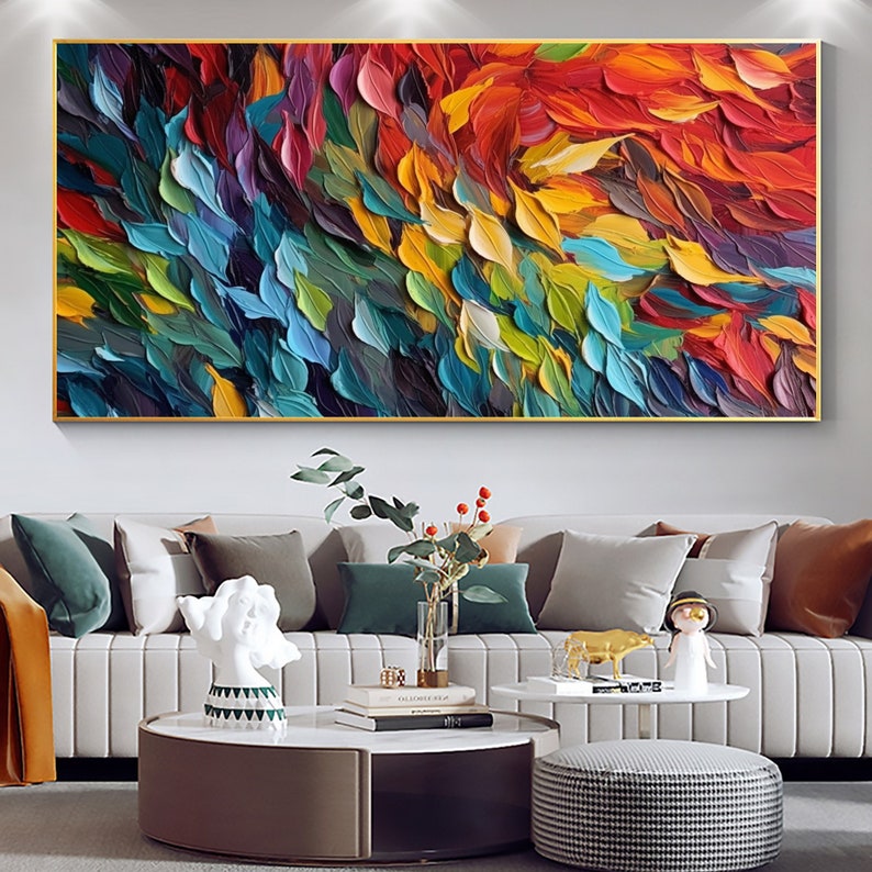 Original Colorful Feathers Oil Painting On Canvas, Large Wall Art, Abstract Colorful Painting, Custom Painting, Living room Home Wall Decor - Oil Painting Haven