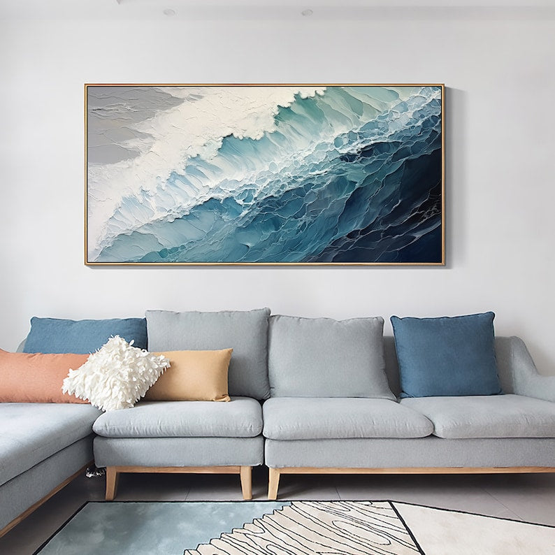 Original Ocean Wave Oil Painting On Canvas, Large Wall Art, Abstract Minimalist Painting, Custom Blue Sea Wall Art Living Room Decor Gift - Oil Painting Haven Oil Painting Haven