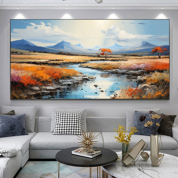 Original River Landscape Oil Painting on Canvas, Abstract Blue Mountain Painting, Large Wall Art Nature Painting Living Room Decor - Oil Painting Haven Oil Painting Haven