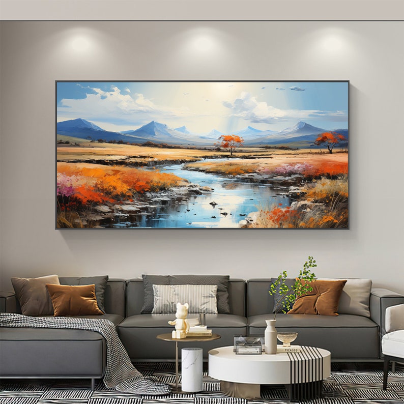 Original River Landscape Oil Painting on Canvas, Abstract Blue Mountain Painting, Large Wall Art Nature Painting Living Room Decor - Oil Painting Haven Oil Painting Haven