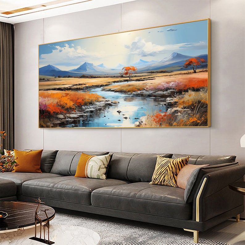 Original River Landscape Oil Painting on Canvas, Abstract Blue Mountain Painting, Large Wall Art Nature Painting Living Room Decor - Oil Painting Haven Oil Painting Haven