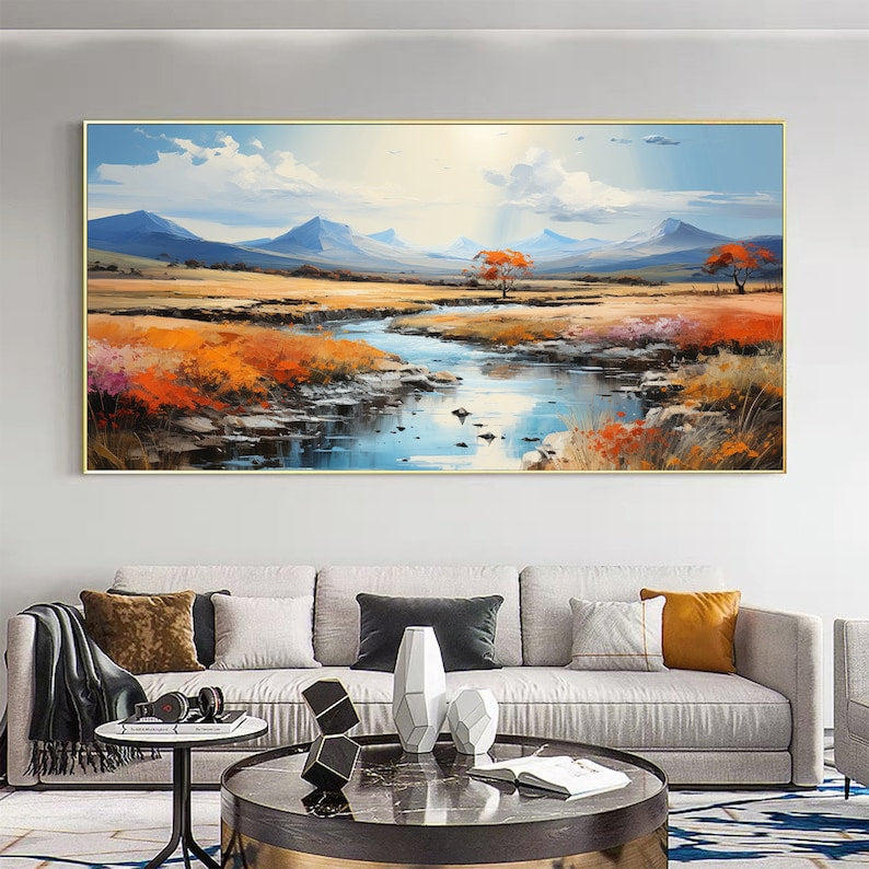 Original River Landscape Oil Painting on Canvas, Abstract Blue Mountain Painting, Large Wall Art Nature Painting Living Room Decor - Oil Painting Haven Oil Painting Haven