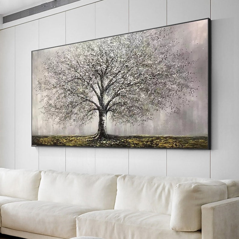 Abstract Tree of Life Painting on Canvas, Original Gray Tree Painting, Large Wall Art, Minimalist Art Custom Painting Living Room Home Decor - Oil Painting Haven Oil Painting Haven