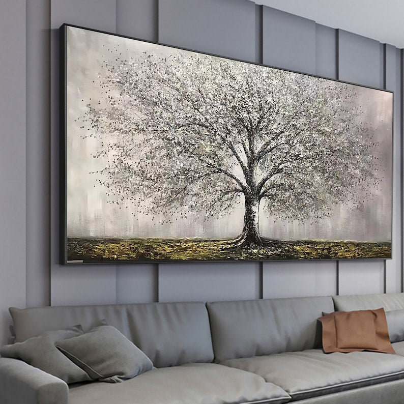 Abstract Tree of Life Painting on Canvas, Original Gray Tree Painting, Large Wall Art, Minimalist Art Custom Painting Living Room Home Decor - Oil Painting Haven Oil Painting Haven