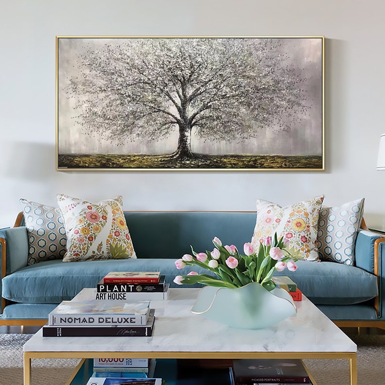 Abstract Tree of Life Painting on Canvas, Original Gray Tree Painting, Large Wall Art, Minimalist Art Custom Painting Living Room Home Decor - Oil Painting Haven Oil Painting Haven