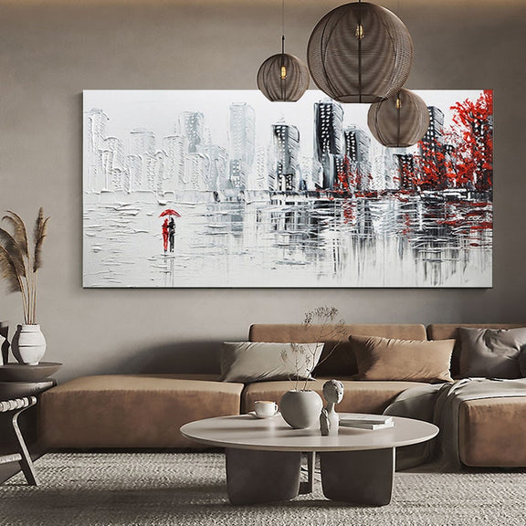 Abstract Romantic Couple Oil Painting on Canvas, Large Wall Art, Original City Landscape Painting Minimalist Art Custom Living Room Decor - Oil Painting Haven Oil Painting Haven