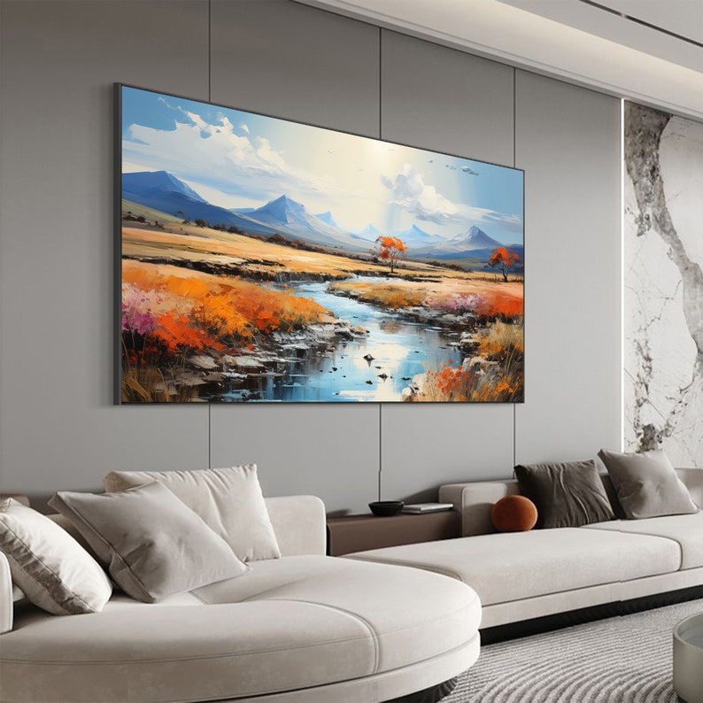 Original River Landscape Oil Painting on Canvas, Abstract Blue Mountain Painting, Large Wall Art Nature Painting Living Room Decor - Oil Painting Haven Oil Painting Haven