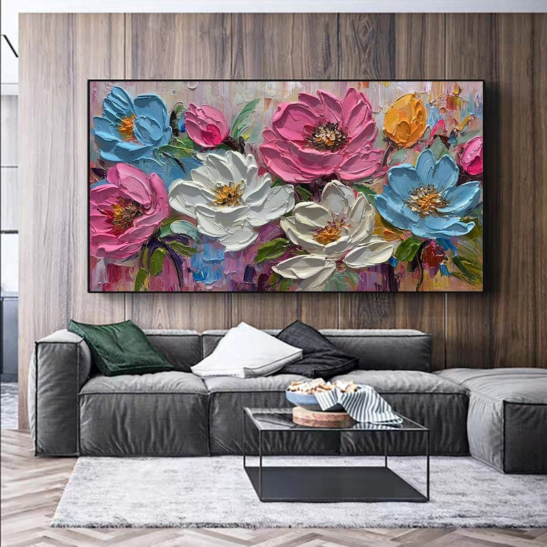 Minimalist Flower Oil Painting on Canvas, Large Wall Art, Original Custom Floral Landscape Painting,Thick Texture Wall Art Living Room Decor - Oil Painting Haven Oil Painting Haven