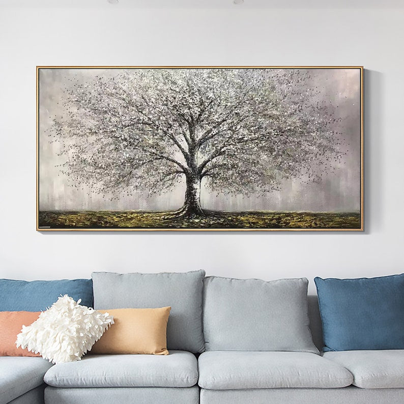 Abstract Tree of Life Painting on Canvas, Original Gray Tree Painting, Large Wall Art, Minimalist Art Custom Painting Living Room Home Decor - Oil Painting Haven Oil Painting Haven