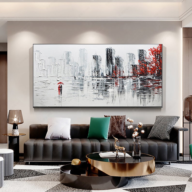 Abstract Romantic Couple Oil Painting on Canvas, Large Wall Art, Original City Landscape Painting Minimalist Art Custom Living Room Decor - Oil Painting Haven Oil Painting Haven