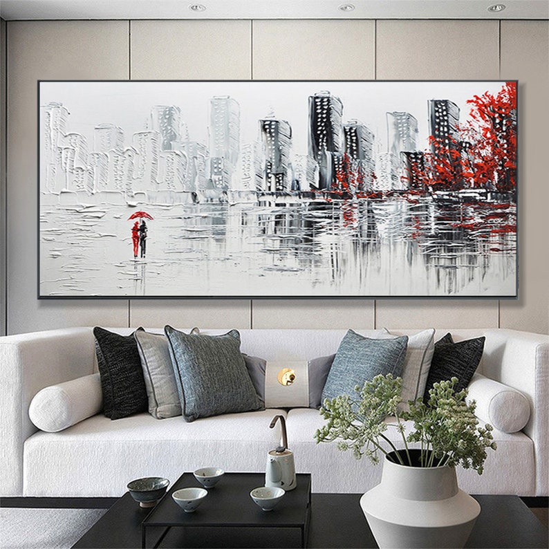 Abstract Romantic Couple Oil Painting on Canvas, Large Wall Art, Original City Landscape Painting Minimalist Art Custom Living Room Decor - Oil Painting Haven Oil Painting Haven